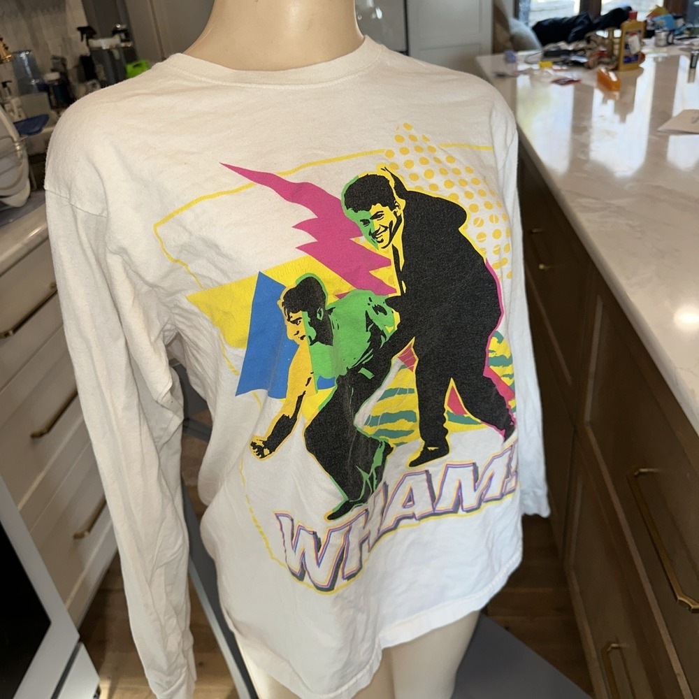 WHAM! 80s Band Music Pop Culture White Long Sleeve T-Shirt Mens M